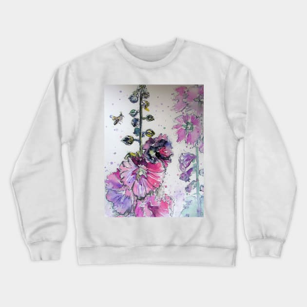 Pink Hollyhock Flowers and Bee Watercolor Crewneck Sweatshirt by SarahRajkotwala